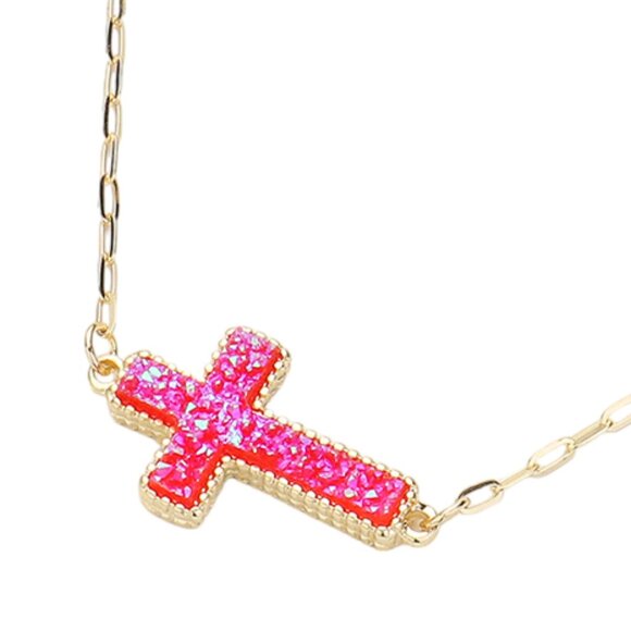 NEW Druzy Stone Sparkle Cross Pink Gold Dipped Bracelet Necklace & Earrings SET - Picture 4 of 7